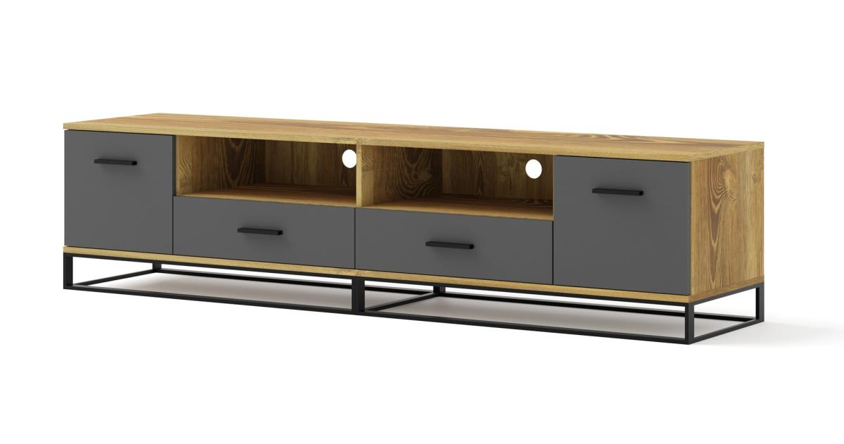 Meuble TV Arsen 190 cm 2 portes 2 tiroirs piètement métal - firewood et graphite