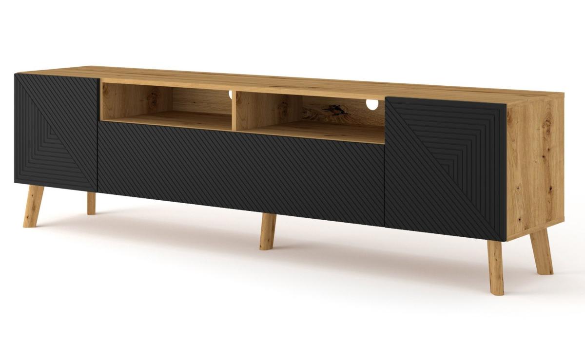Meuble TV Luxi 195 cm 2 portes 1 abattant 2 niches pieds bois - chêne artisan et noir mat