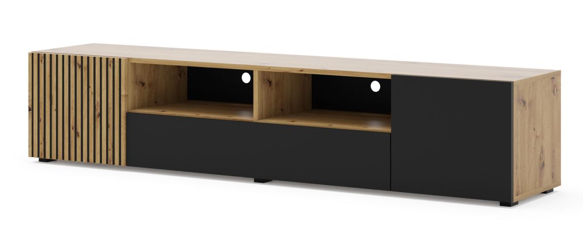 Meuble TV Auris 200 cm 3 rangements fermés 2 niches - chêne artisan et noir mat