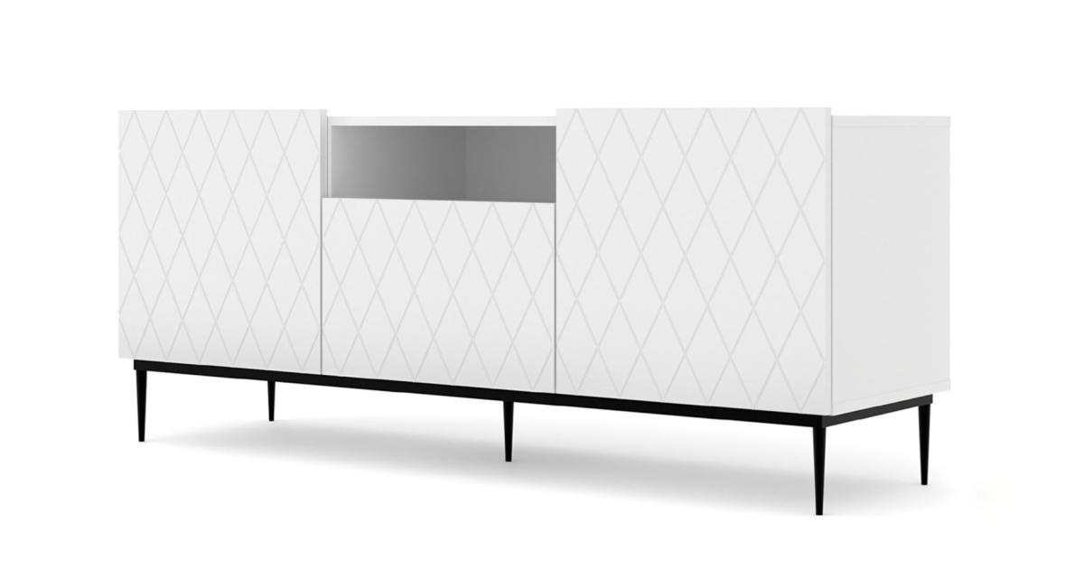 Meuble TV Diuna 145 cm 3 portes façades losanges - blanc mat, cadre noir
