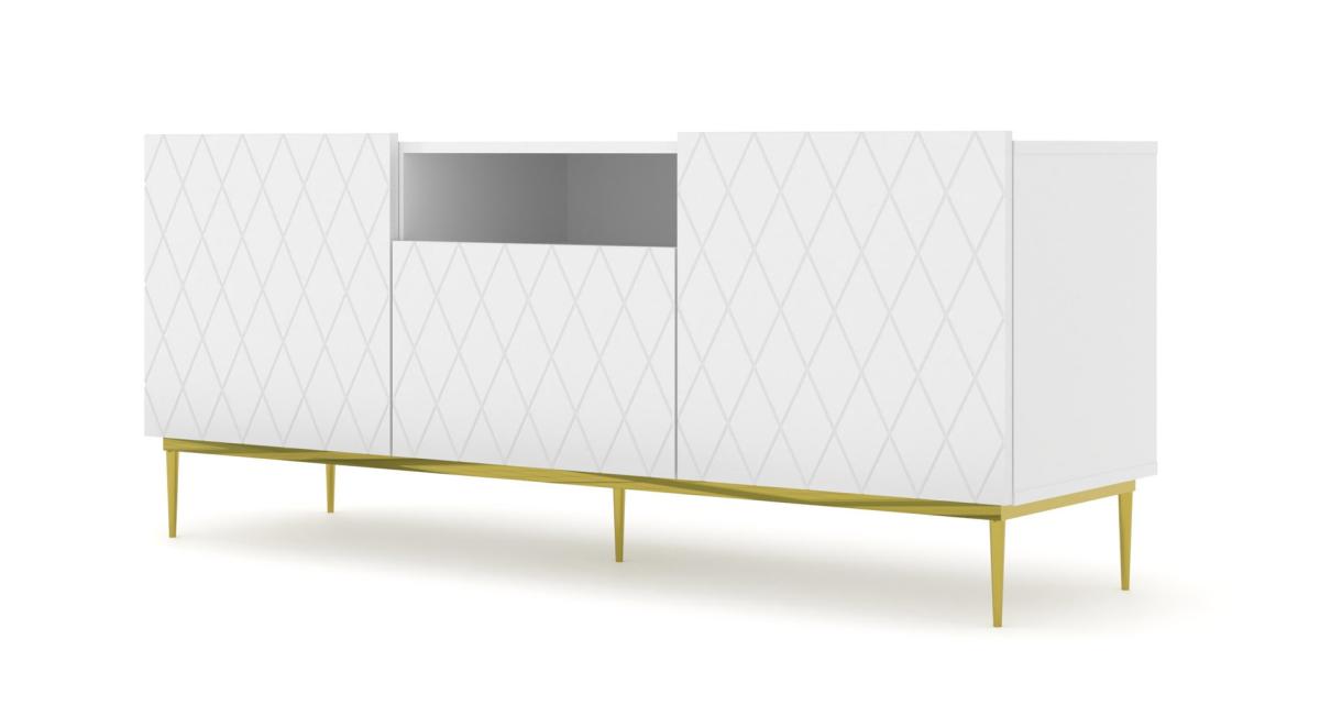 Meuble TV Diuna 145 cm 3 portes façades losanges - blanc mat, cadre doré