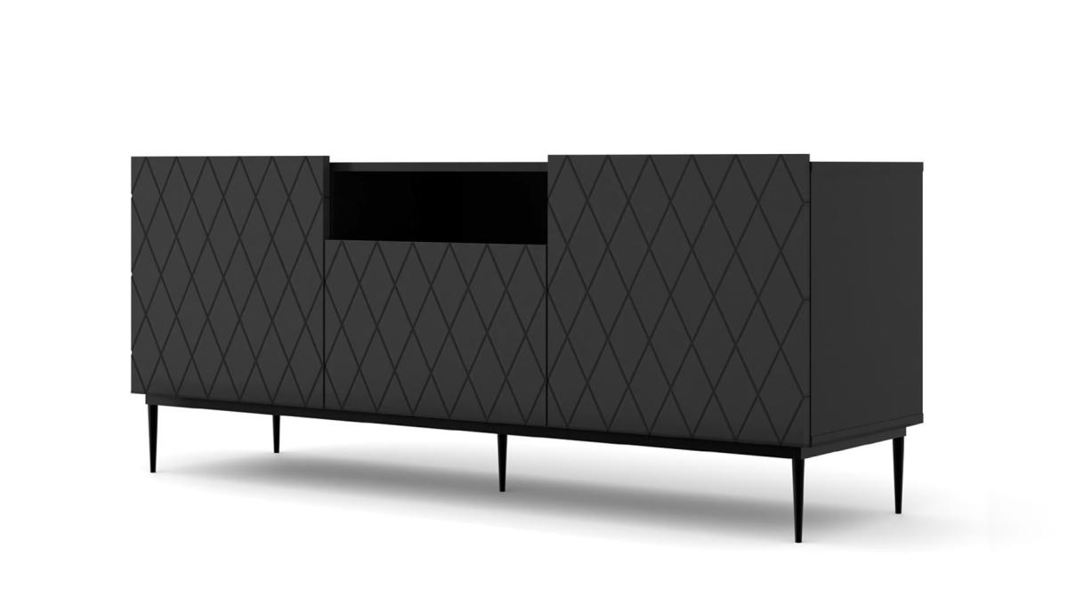 Meuble TV Diuna 145 cm 3 portes façades losanges - noir mat, cadre noir