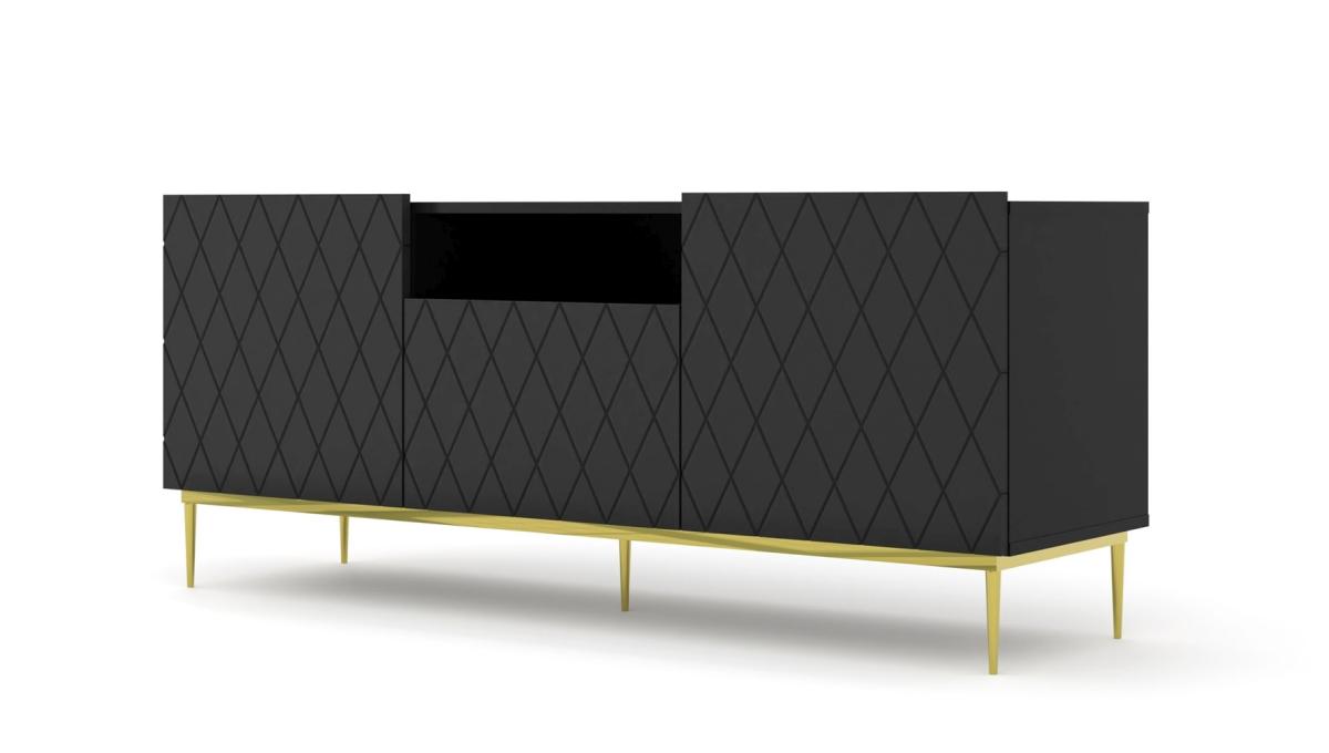 Meuble TV Diuna 145 cm 3 portes façades losanges - noir mat, cadre doré