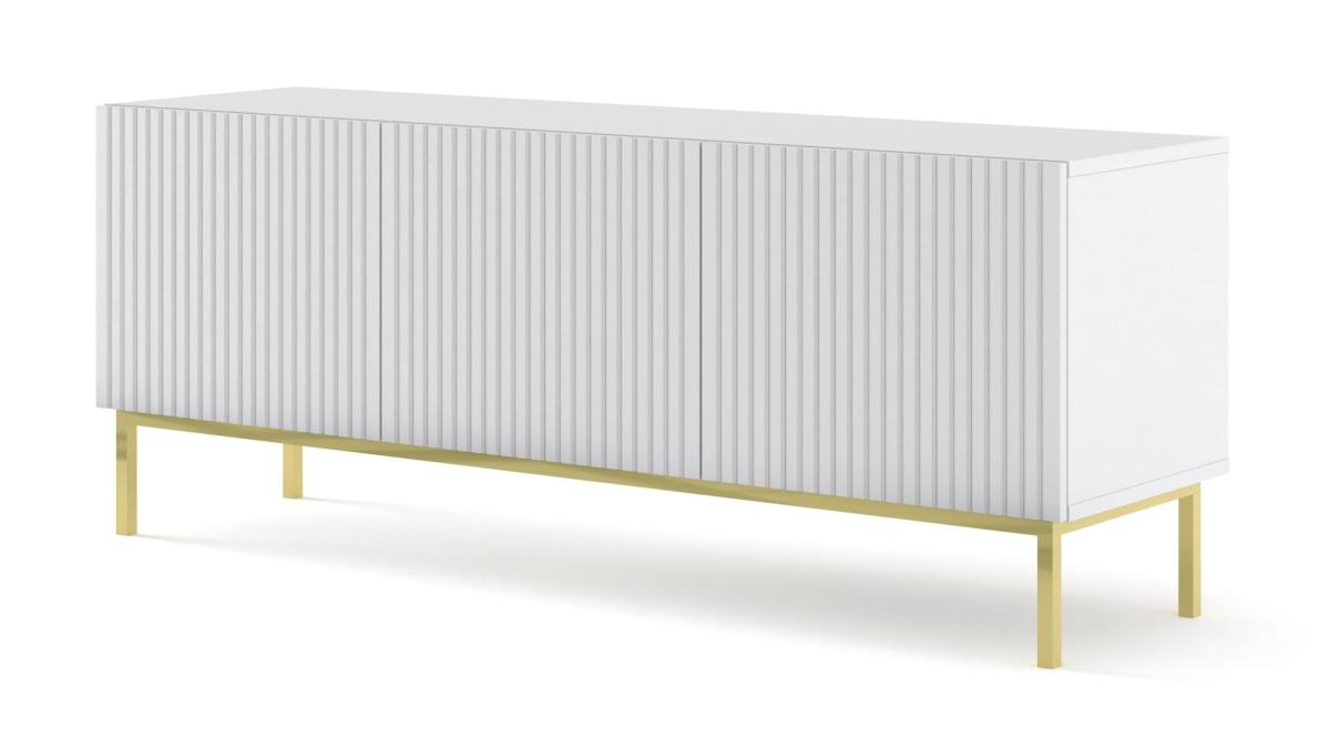 Meuble TV Ravenna B 150 cm 3 portes façades fraisées - blanc mat, cadre doré