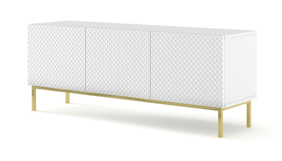 Meuble TV Ravenna C 150 cm 3 portes façades diamant - blanc brillant, cadre doré