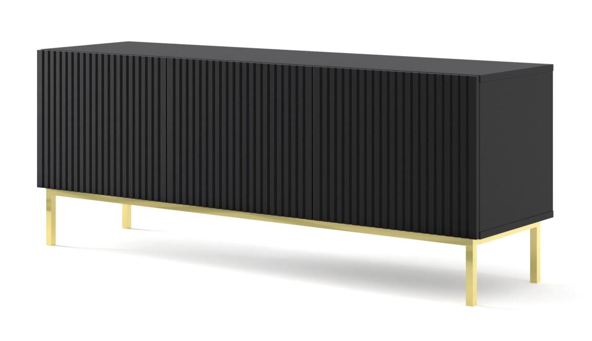 Meuble TV Ravenna B 150 cm 3 portes façades fraisées - noir mat, cadre doré