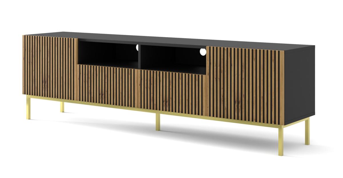 Meuble TV Ravenna F 200 cm 2 portes 2 tiroirs - noir mat et chêne artisan, cadre métal doré