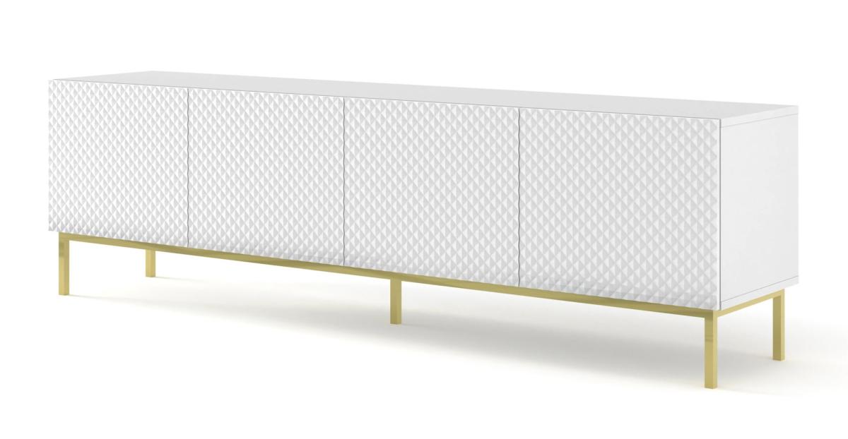 Meuble TV Ravenna C 200 cm 4 portes façades diamant - blanc brillant, cadre doré