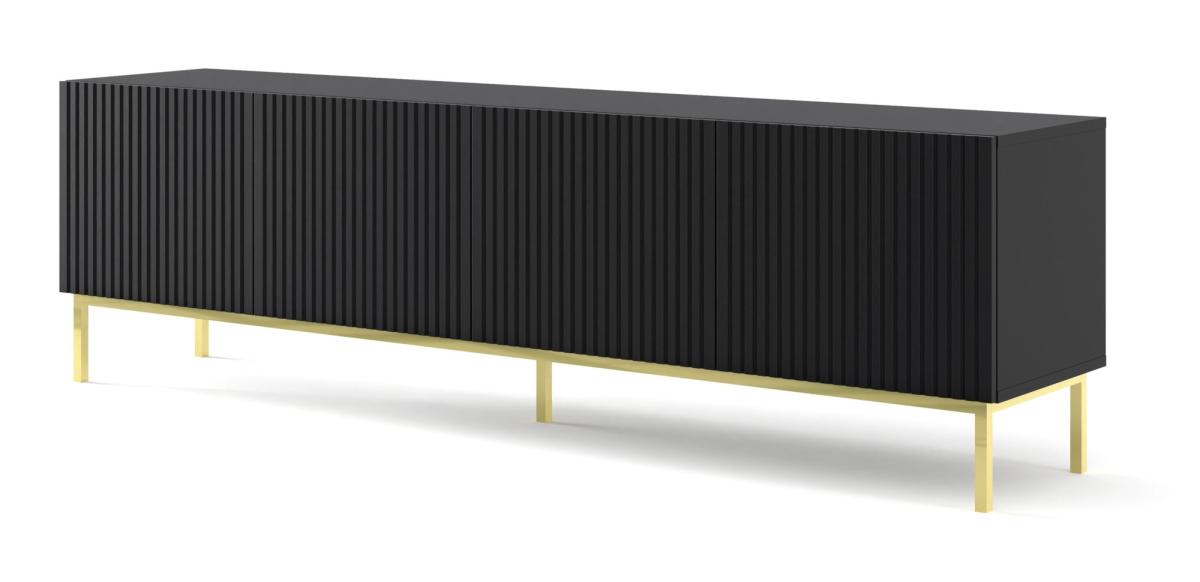 Meuble TV Ravenna B 200 cm 4 portes façades fraisées - noir mat, cadre doré