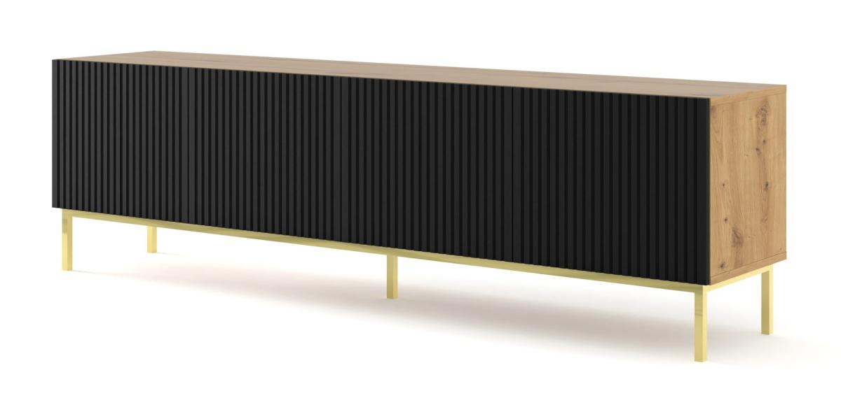Meuble TV Ravenna B 200 cm 4 portes façades fraisées - chêne artisan et noir mat, cadre doré