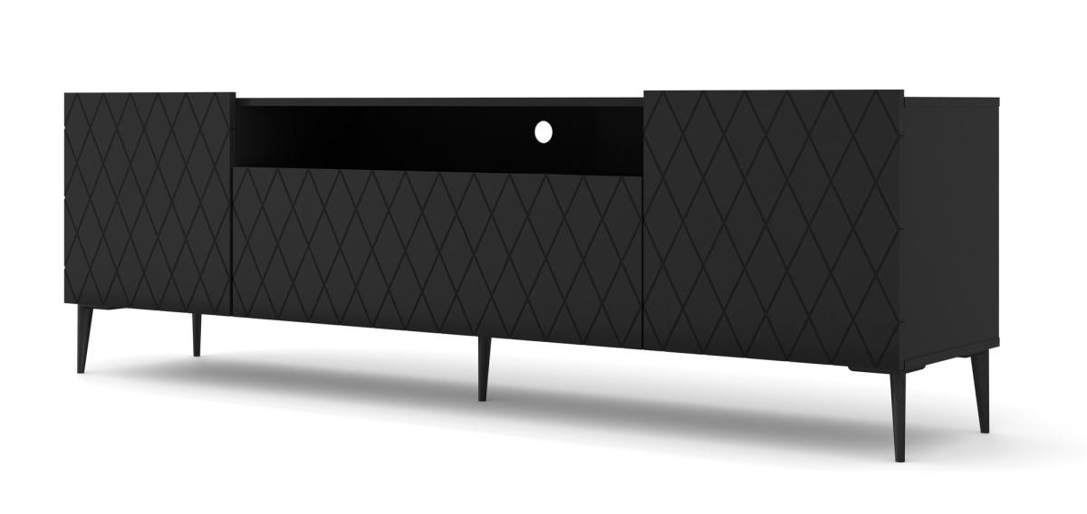 Meuble TV Diuna 193 cm 3 portes façades losanges - noir mat, pieds noirs