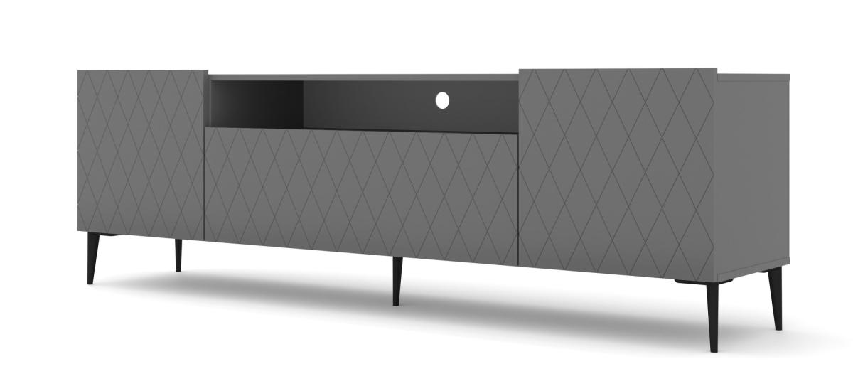 Meuble TV Diuna 193 cm 3 portes façades losanges - graphite mat, pieds noirs