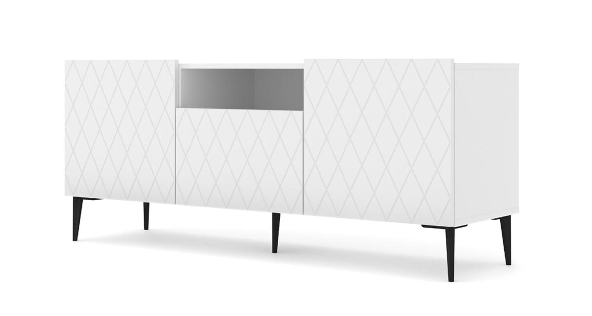Meuble TV Diuna 145 cm 3 portes façades losanges - blanc mat, pieds noirs