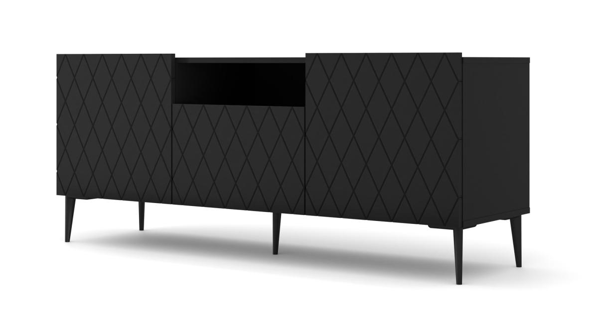 Meuble TV Diuna 145 cm 3 portes façades losanges - noir mat, pieds noirs