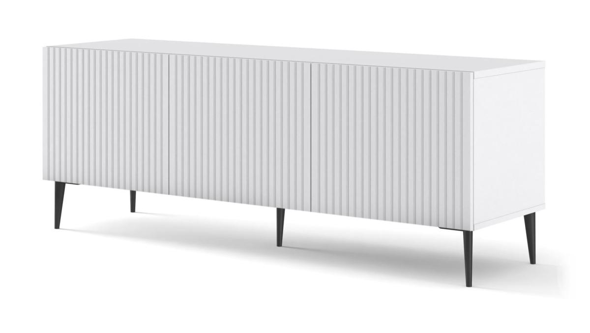 Meuble TV Ravenna B 150 cm 3 portes façades fraisées - blanc mat, pieds noirs