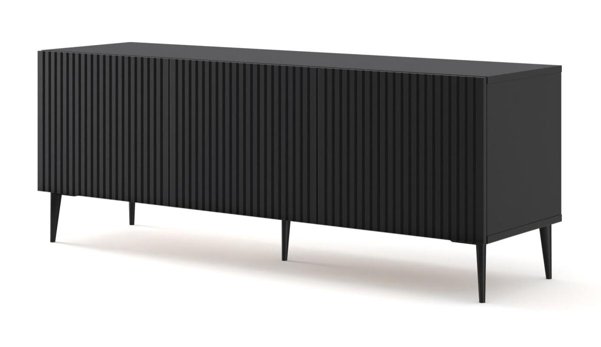 Meuble TV Ravenna B 150 cm 3 portes façades fraisées - noir mat, pieds noirs