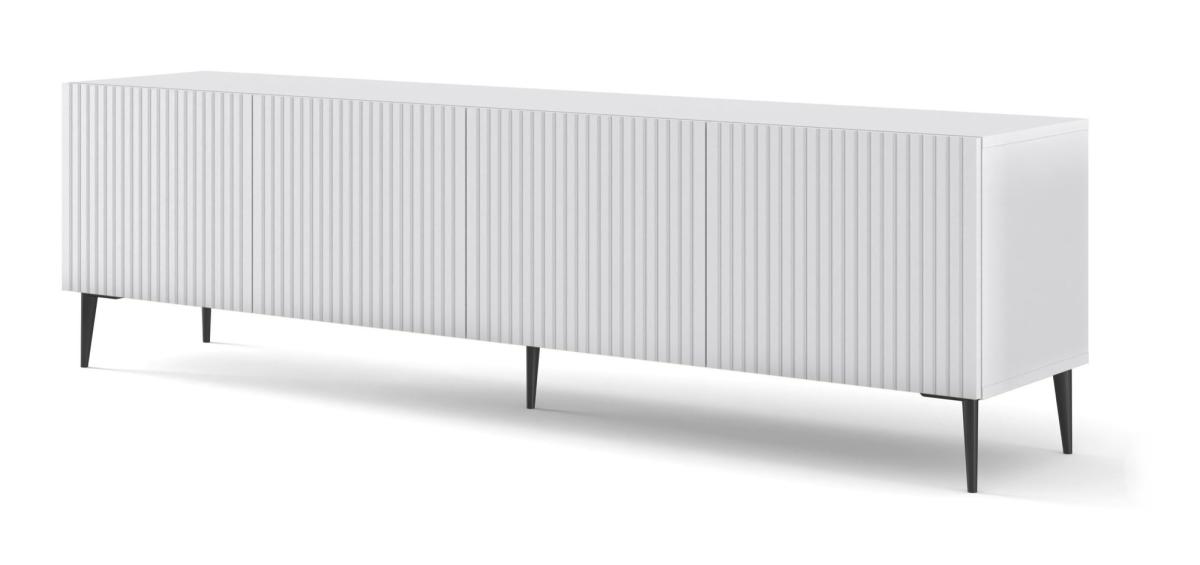 Meuble TV Ravenna B 200 cm 4 portes façades fraisées - blanc mat, pieds noirs