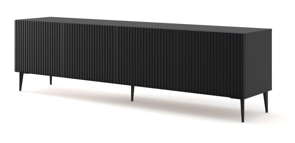 Meuble TV Ravenna B 200 cm 4 portes façades fraisées - noir mat, pieds noirs