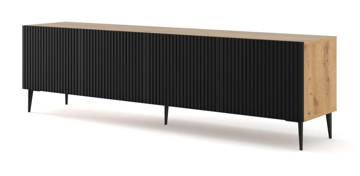 Meuble TV Ravenna B 200 cm 4 portes façades fraisées - chêne artisan et noir mat, pieds noirs