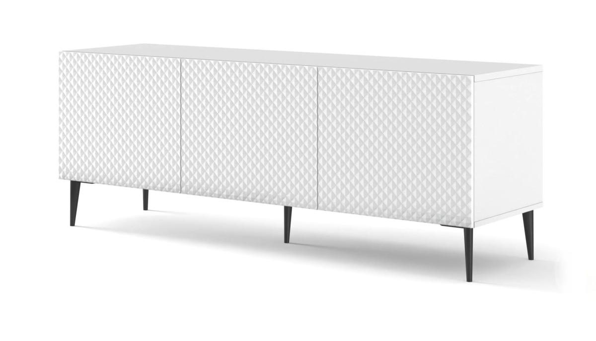Meuble TV Ravenna C 150 cm 3 portes façades diamant - blanc brillant, pieds noirs