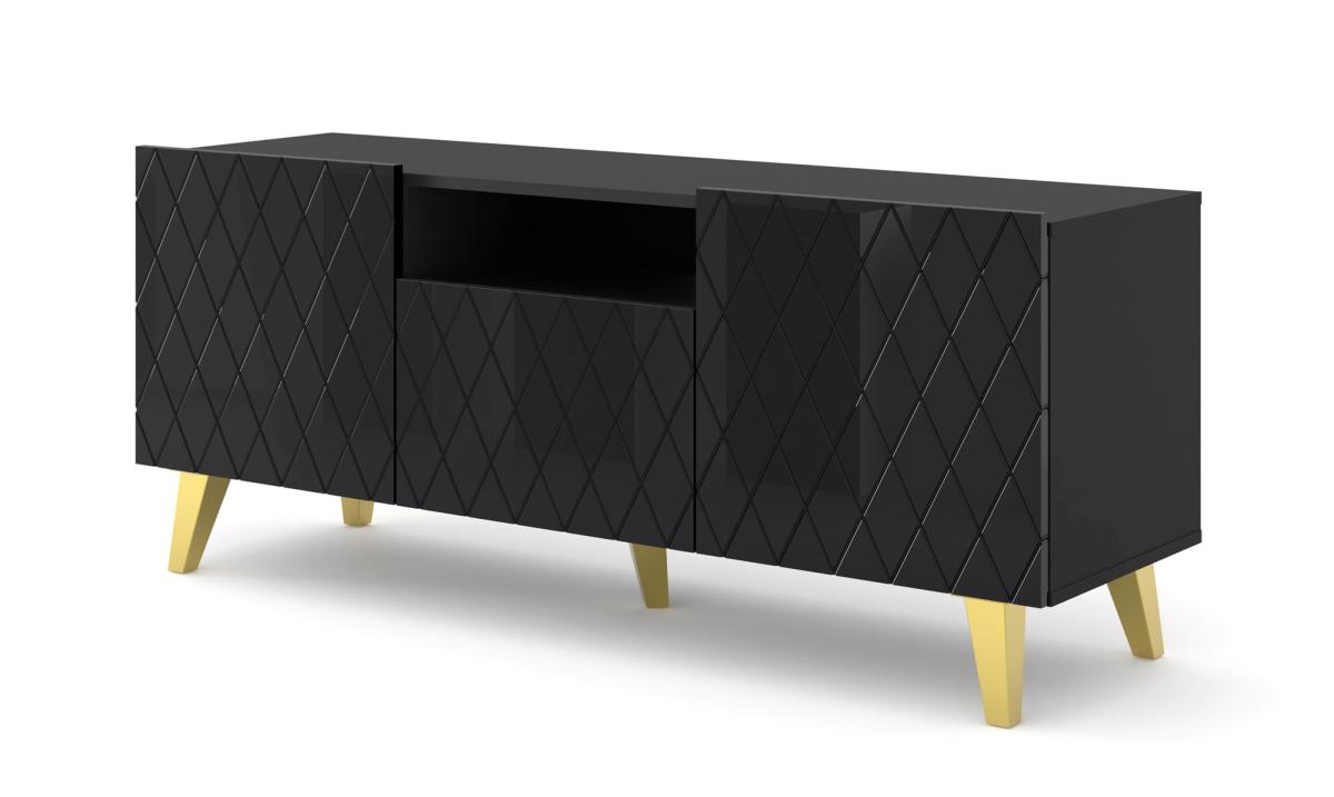 Meuble TV Diuna 145 cm 3 portes façades brillantes fraisées - noir brillant, pieds dorés