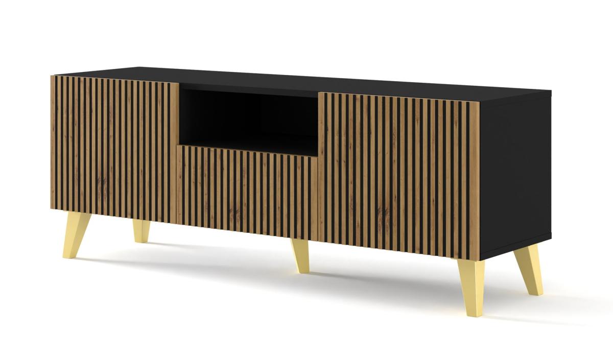 Meuble TV Ravenna P 150 cm 2 portes 1 tiroir façades fraisées - noir et chêne artisan, pieds dorés