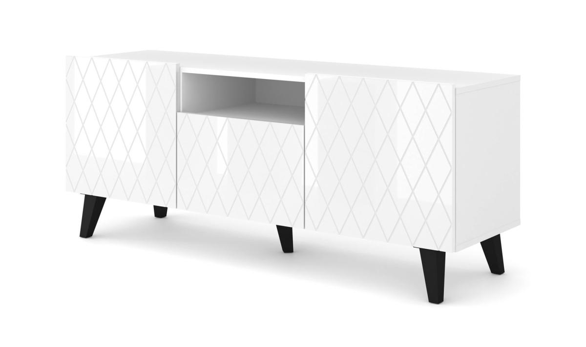 Meuble TV Diuna 145 cm 3 portes façades brillantes fraisées - blanc brillant, pieds noirs