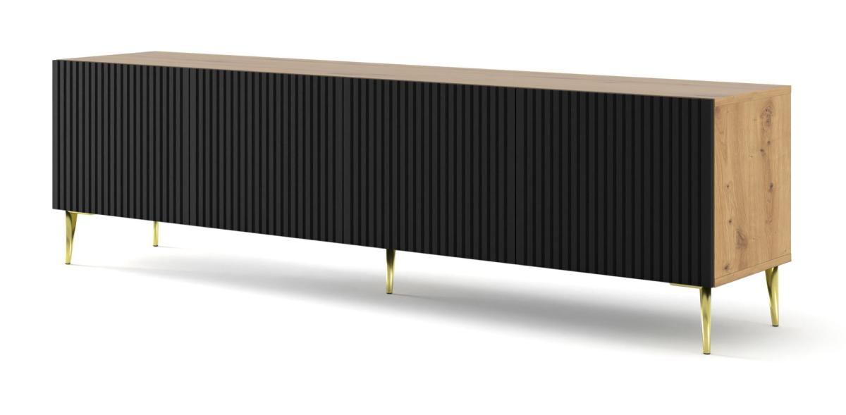 Meuble TV Ravenna B 200 cm 4 portes façades fraisées - chêne artisan et noir mat, pieds dorés