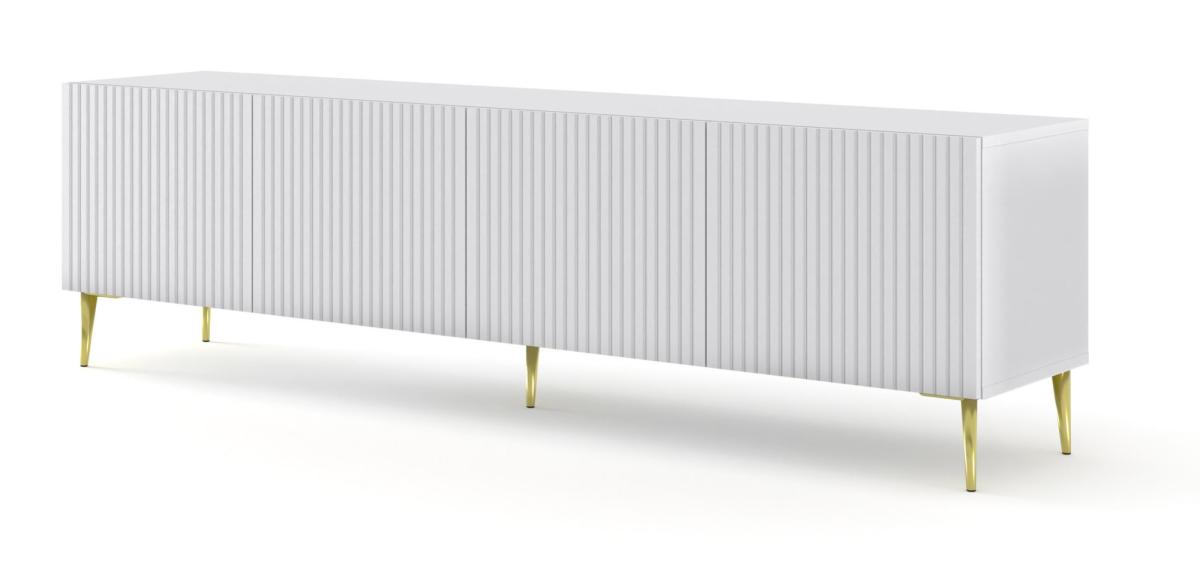 Meuble TV Ravenna B 200 cm 4 portes façades fraisées - blanc mat, pieds dorés