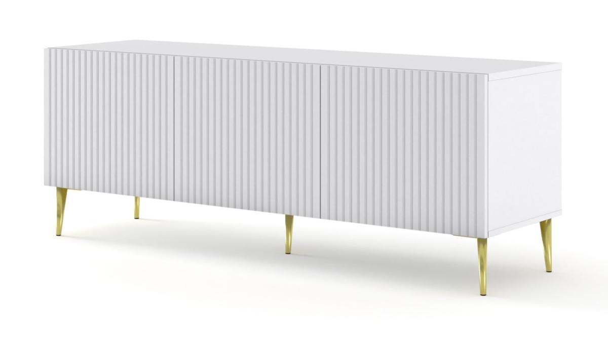 Meuble TV Ravenna B 150 cm 3 portes façades fraisées - blanc mat, pieds dorés