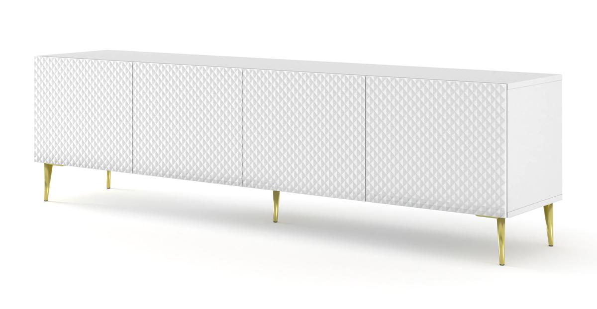 Meuble TV Ravenna C 200 cm 4 portes façades diamant - blanc brillant, pieds dorés