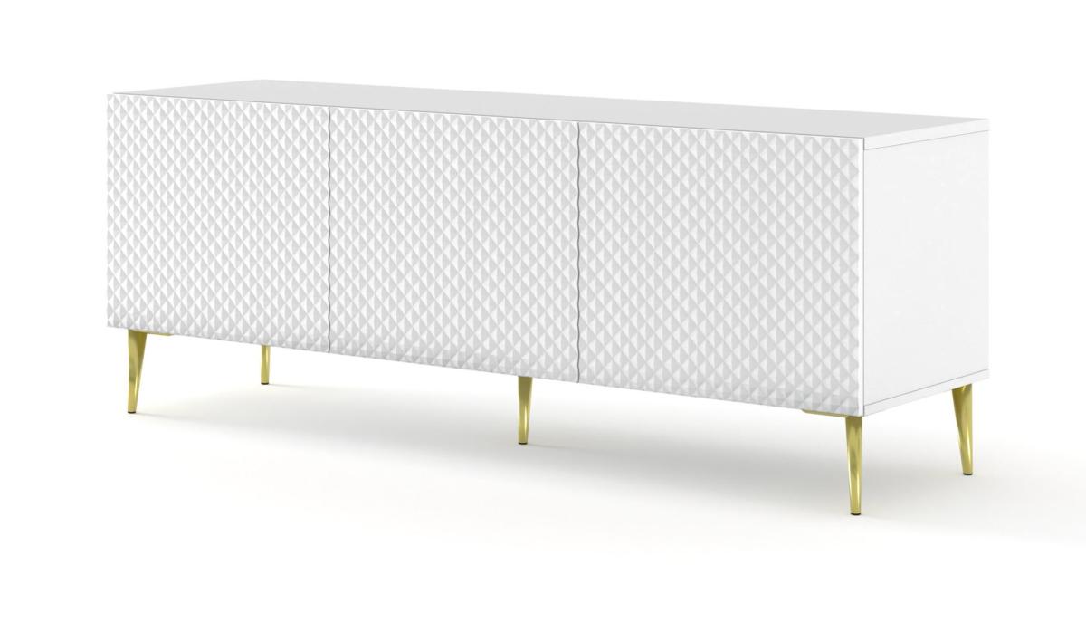 Meuble TV Ravenna C 150 cm 3 portes façades diamant - blanc brillant, pieds dorés