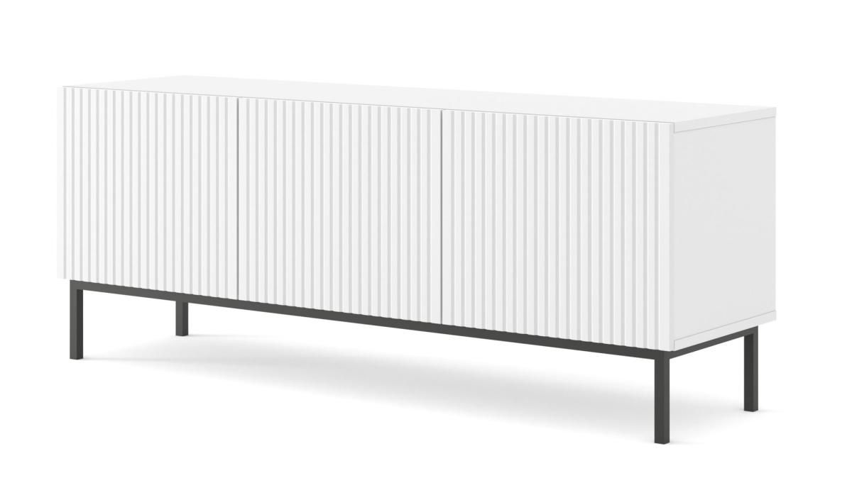 Meuble TV Ravenna B 150 cm 3 portes façades fraisées - blanc mat, cadre noir