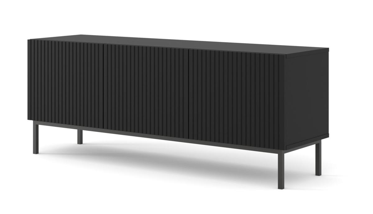 Meuble TV Ravenna B 150 cm 3 portes façades fraisées - noir mat, cadre noir