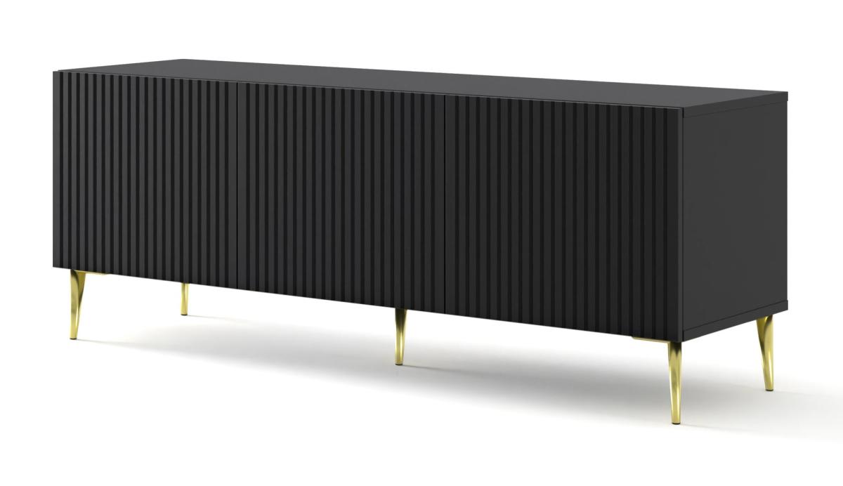 Meuble TV Ravenna B 150 cm 3 portes façades fraisées - noir mat, pieds dorés