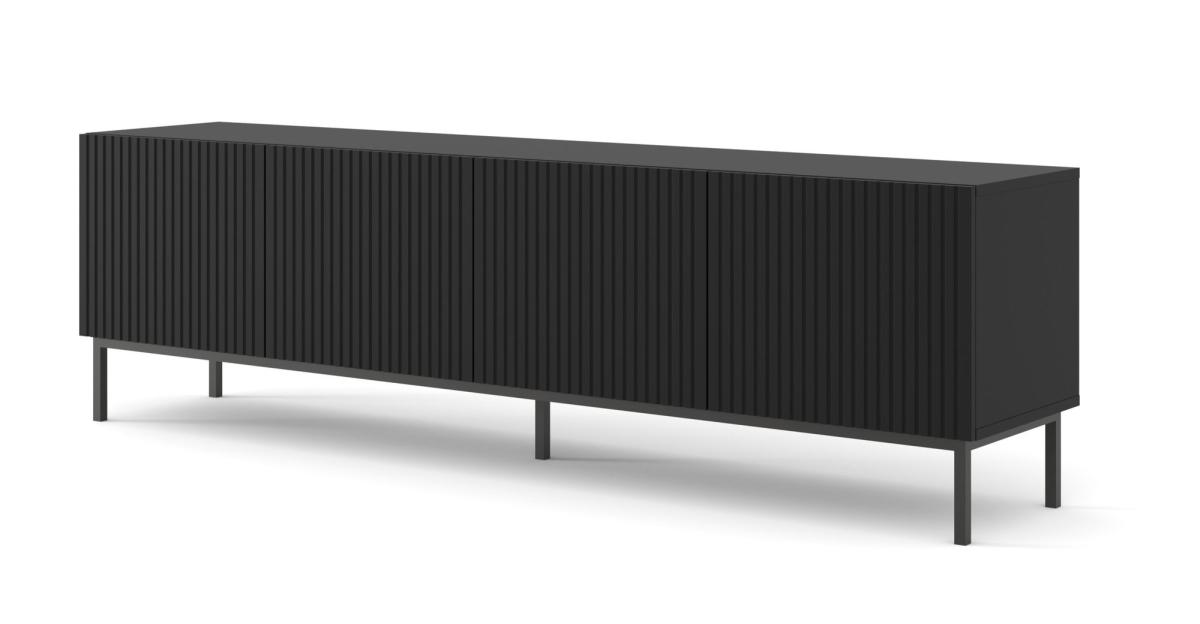Meuble TV Ravenna B 200 cm 4 portes façades fraisées - noir mat, cadre noir