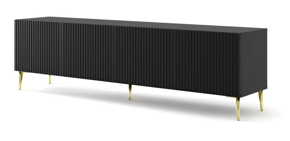 Meuble TV Ravenna B 200 cm 4 portes façades fraisées - noir mat, pieds dorés