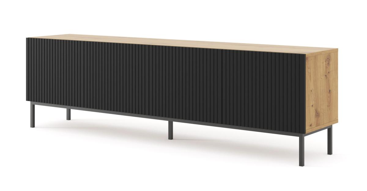 Meuble TV Ravenna B 200 cm 4 portes façades fraisées - chêne artisan et noir mat, cadre noir