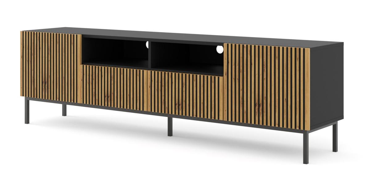 Meuble TV Ravenna F 200 cm 2 portes 2 tiroirs - noir mat et chêne artisan, cadre métal noir