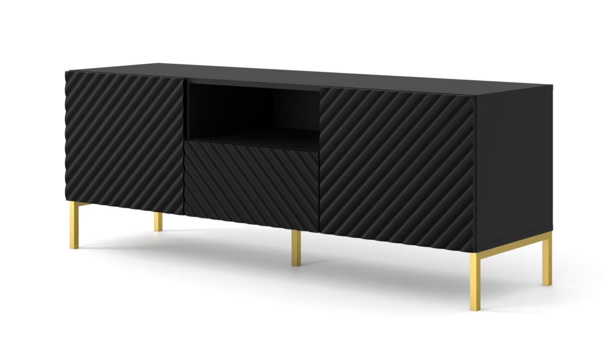 Meuble TV Surf 150 cm 2 portes 1 tiroir façades fraisées - noir mat, pieds dorés