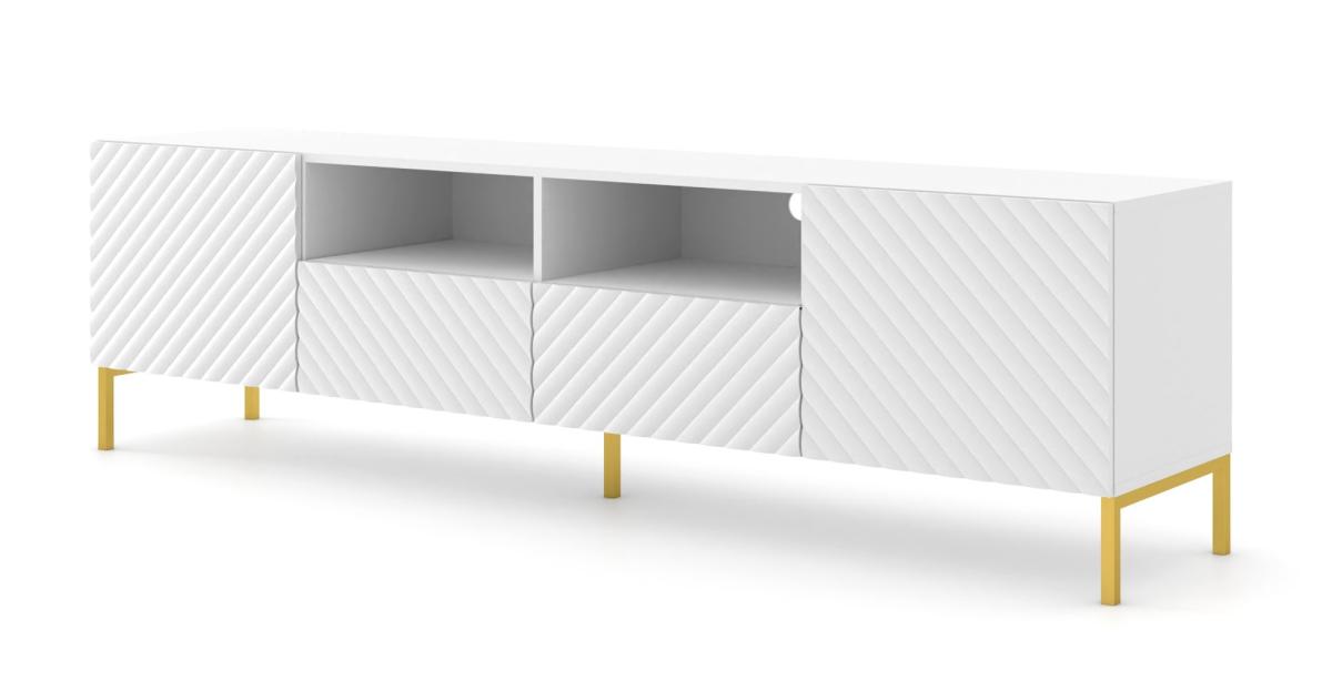 Meuble TV Surf 200 cm 2 portes 2 tiroirs façades fraisées - blanc mat, pieds dorés