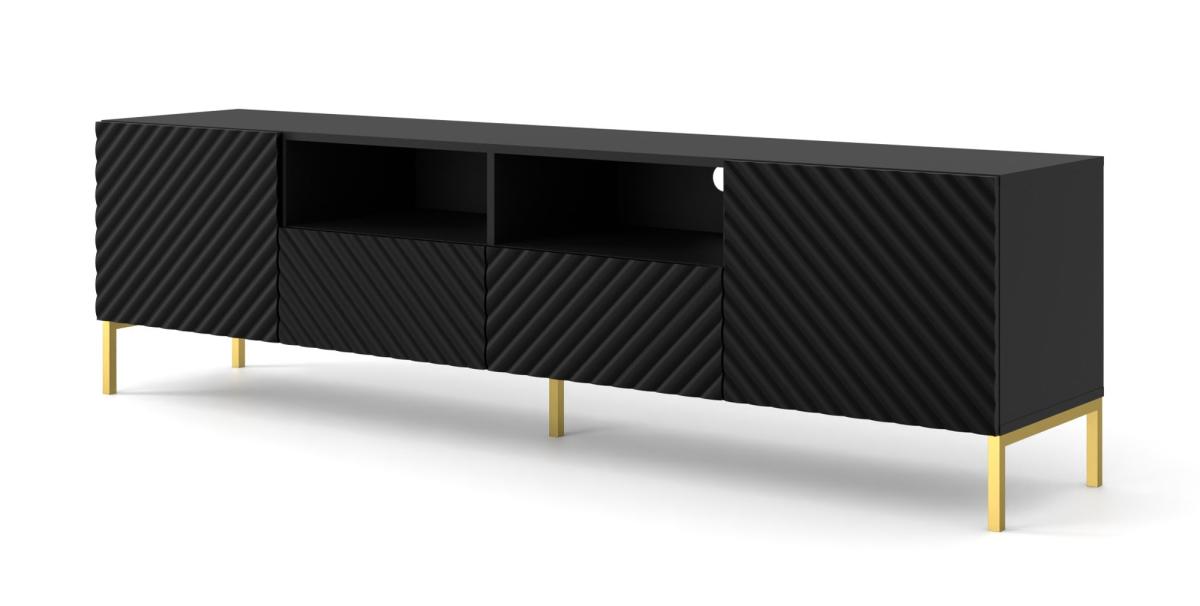 Meuble TV Surf 200 cm 2 portes 2 tiroirs façades fraisées - noir mat, pieds dorés