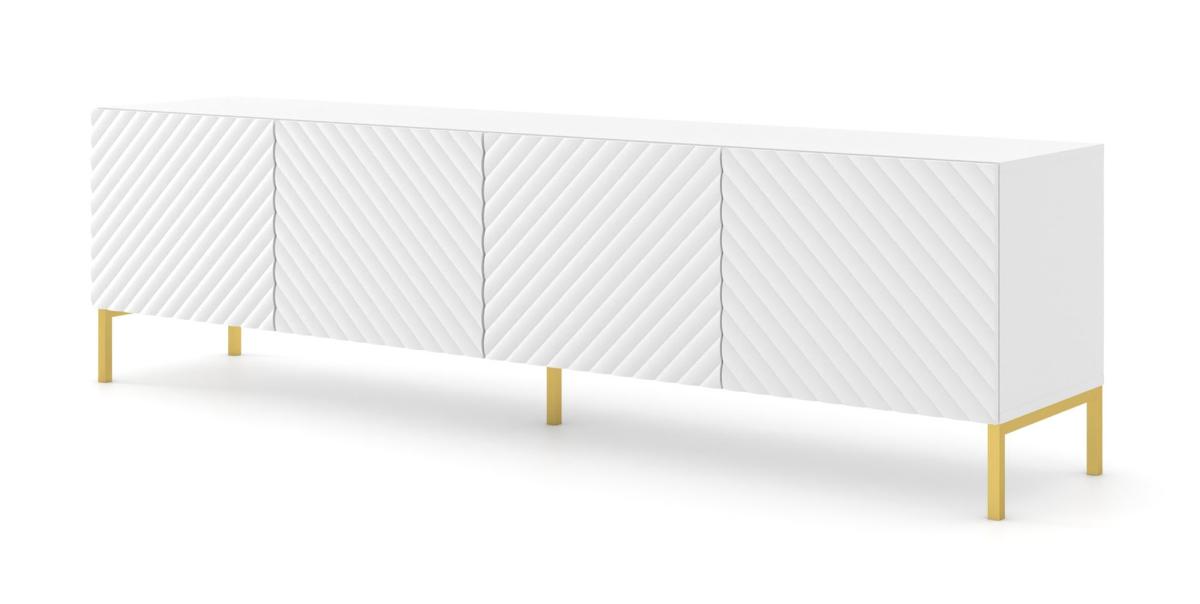 Meuble TV Surf 200 cm 4 portes façades fraisées - blanc mat, pieds dorés