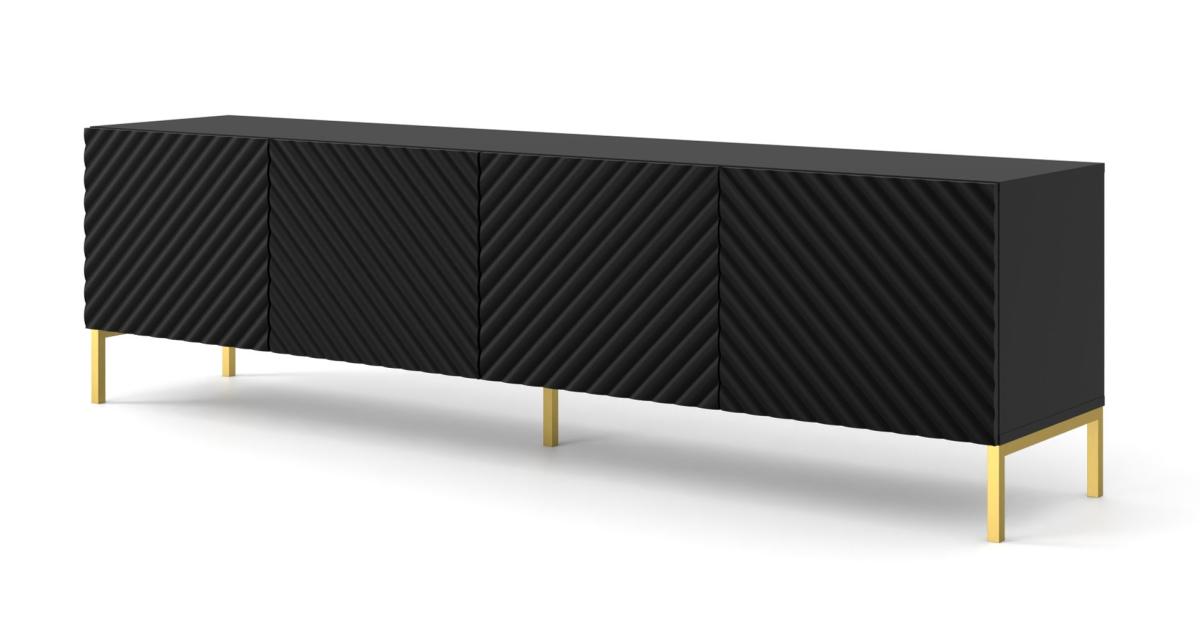 Meuble TV Surf 200 cm 4 portes façades fraisées - noir mat, pieds dorés