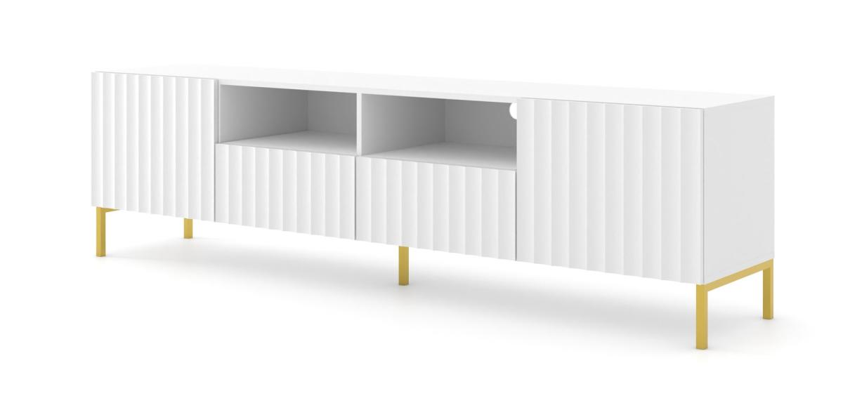 Meuble TV Wave 200 cm 2 portes 2 tiroirs façades fraisées - blanc mat, pieds dorés