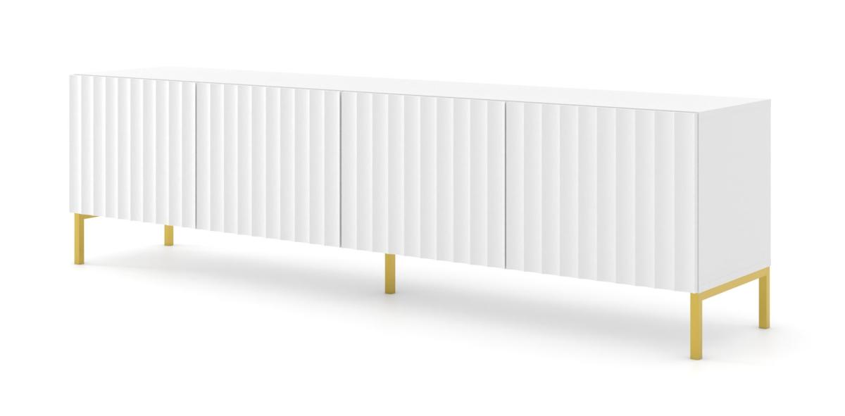 Meuble TV Wave 200 cm 4 portes façades fraisées - blanc mat, pieds dorés