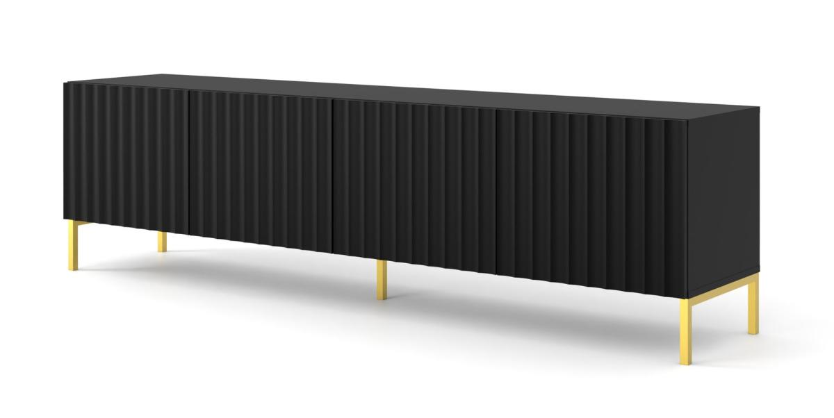 Meuble TV Wave 200 cm 4 portes façades fraisées - noir mat, pieds dorés