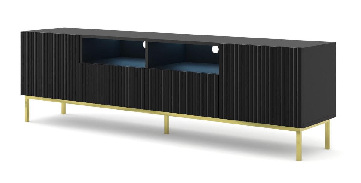 Meuble TV Ravenna CK 200 cm 2 portes 2 tiroirs avec LED - noir mat, cadre doré