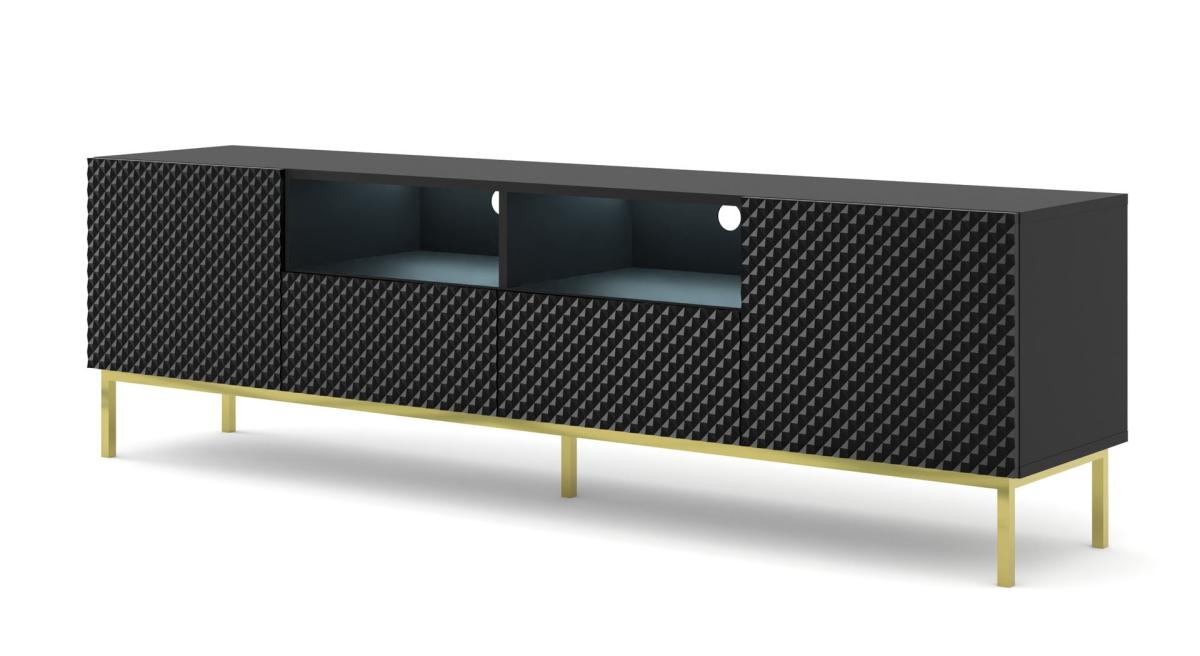 Meuble TV Ravenna CK 200 cm 2 portes 2 tiroirs avec LED - noir mat et noir brillant, cadre doré