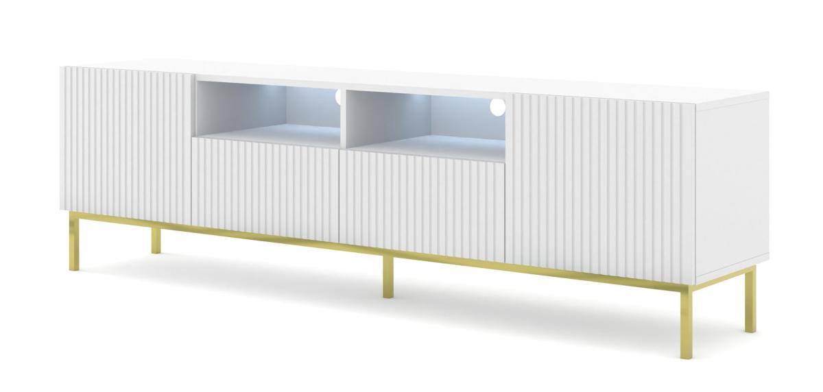 Meuble TV Ravenna CK 200 cm 2 portes 2 tiroirs avec LED - blanc mat, cadre doré